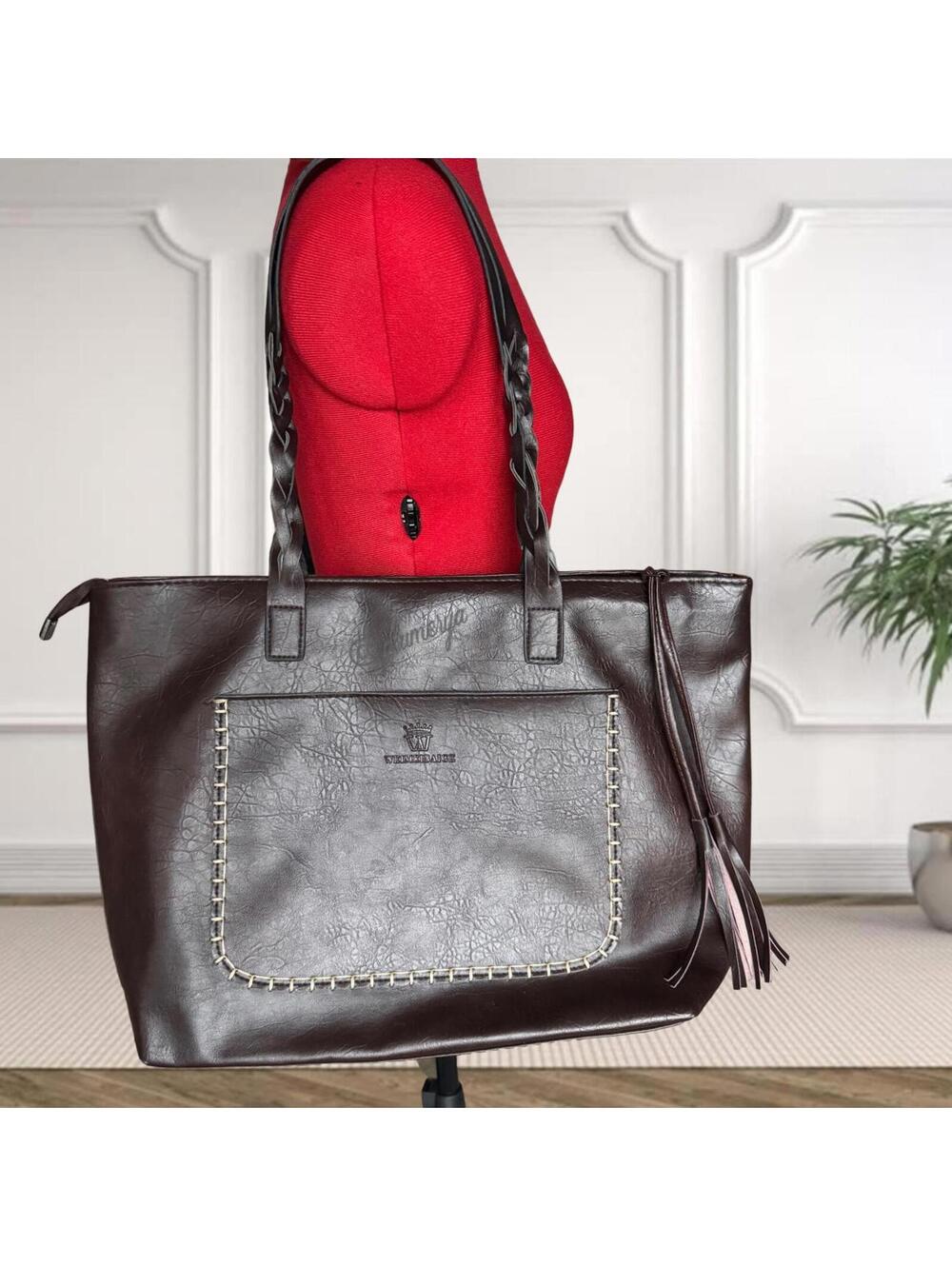 Weimeibaige Faux Leather Brown Tote Bag